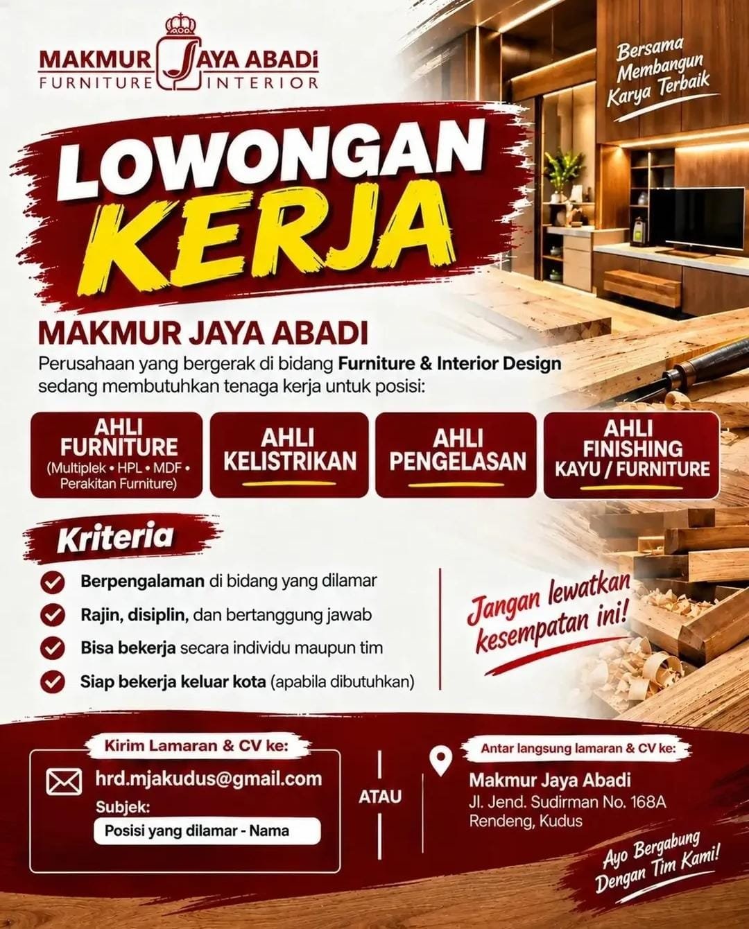 Ahli Furniture (Multiplek, HPL, MDF, Perakitan Furniture) - Ahli Kelistrikan - Ahli Pengelasan - Ahli Finishing Kayu / Furniture