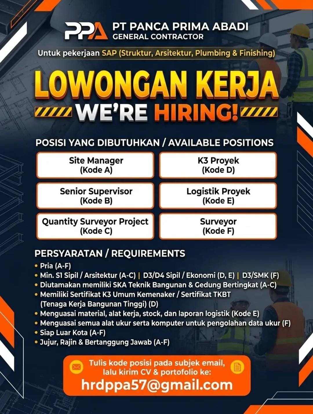 Site Manager - Senior Supervisor - Quantity Surveyor Project - K3 Proyek - Logistik Proyek - Surveyor
